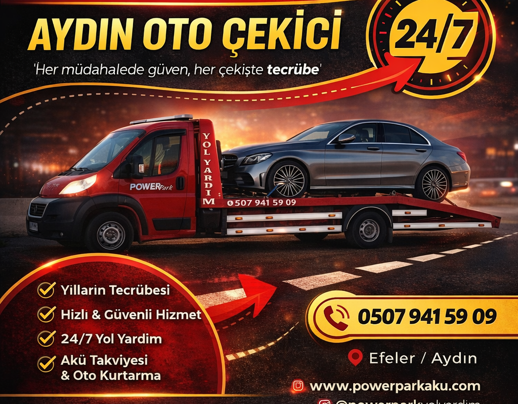 Aydın Efeler merkezli Power Park Aydın Oto Çekici, tüm mahallelerde 7/24 oto çekici, oto kurtarma ve yol yardım hizmeti sunar.